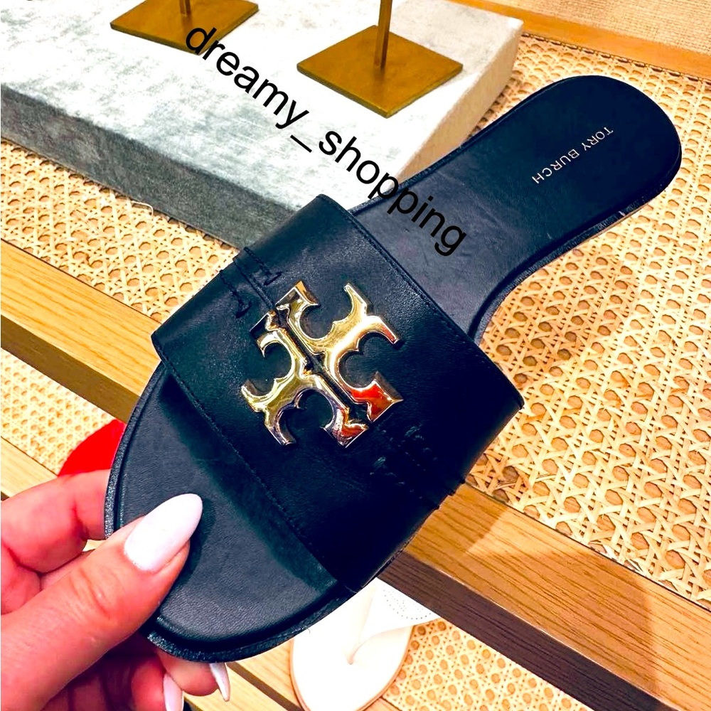 NIB Tory Burch Everly Slide Sandals Black Calf Leather Gold Logo MANY SIZES
